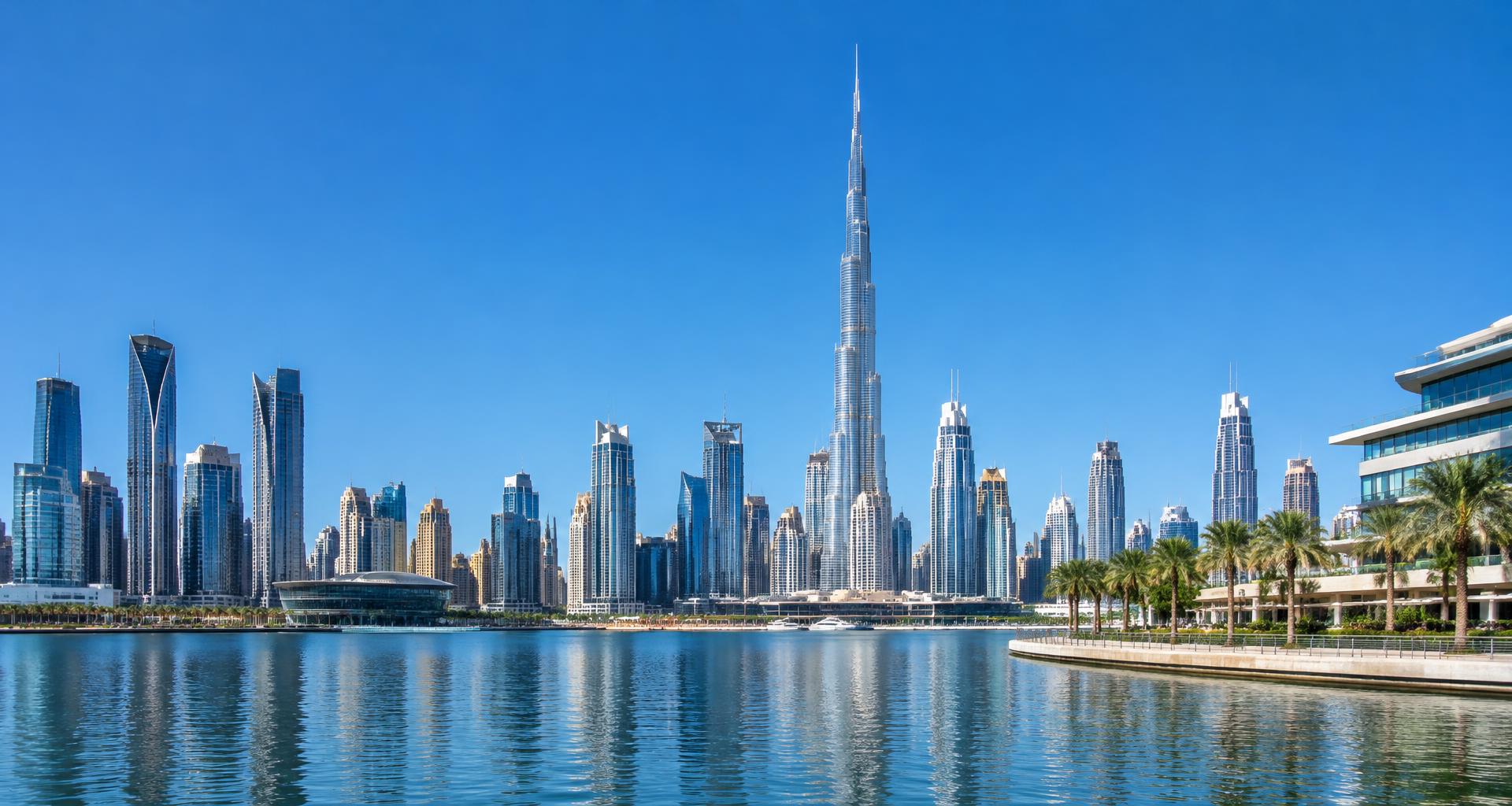 Dubai skyline and Burj Khalifa across the waterfront